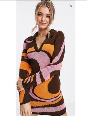 ASOS Retro Color-Block V-Neck Mini Sweater Dress in Brown, Pink & Orange SZ 18